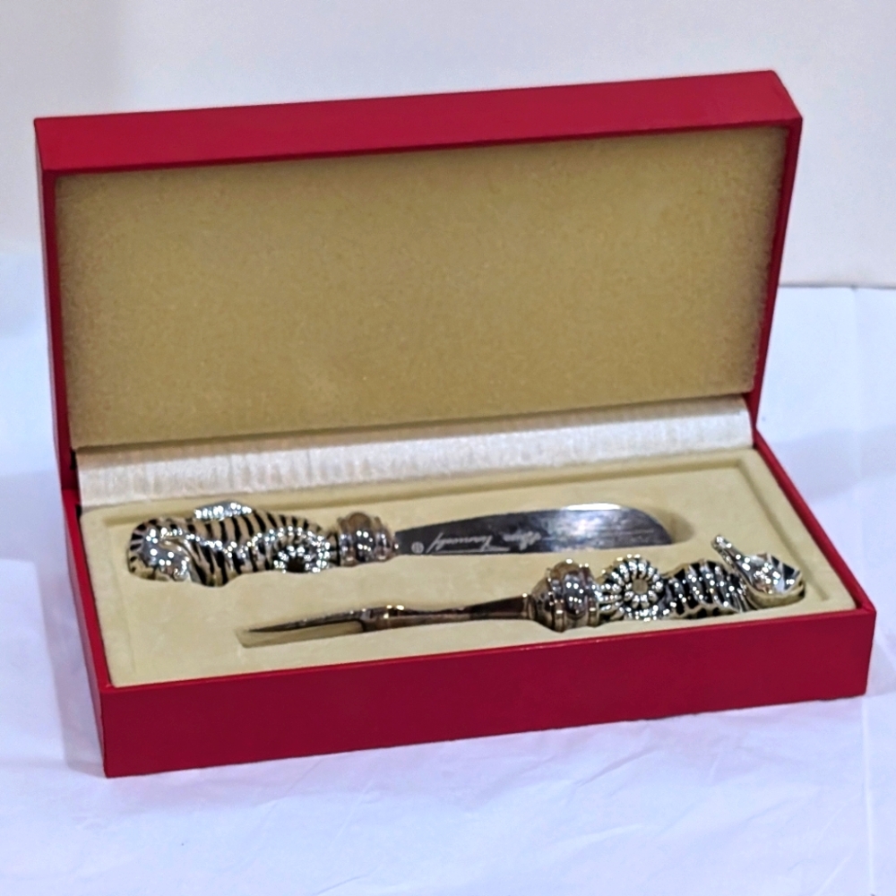Hans Turnwald Silver Plated Spreader and Cocktail Fork, Seahorse Handles